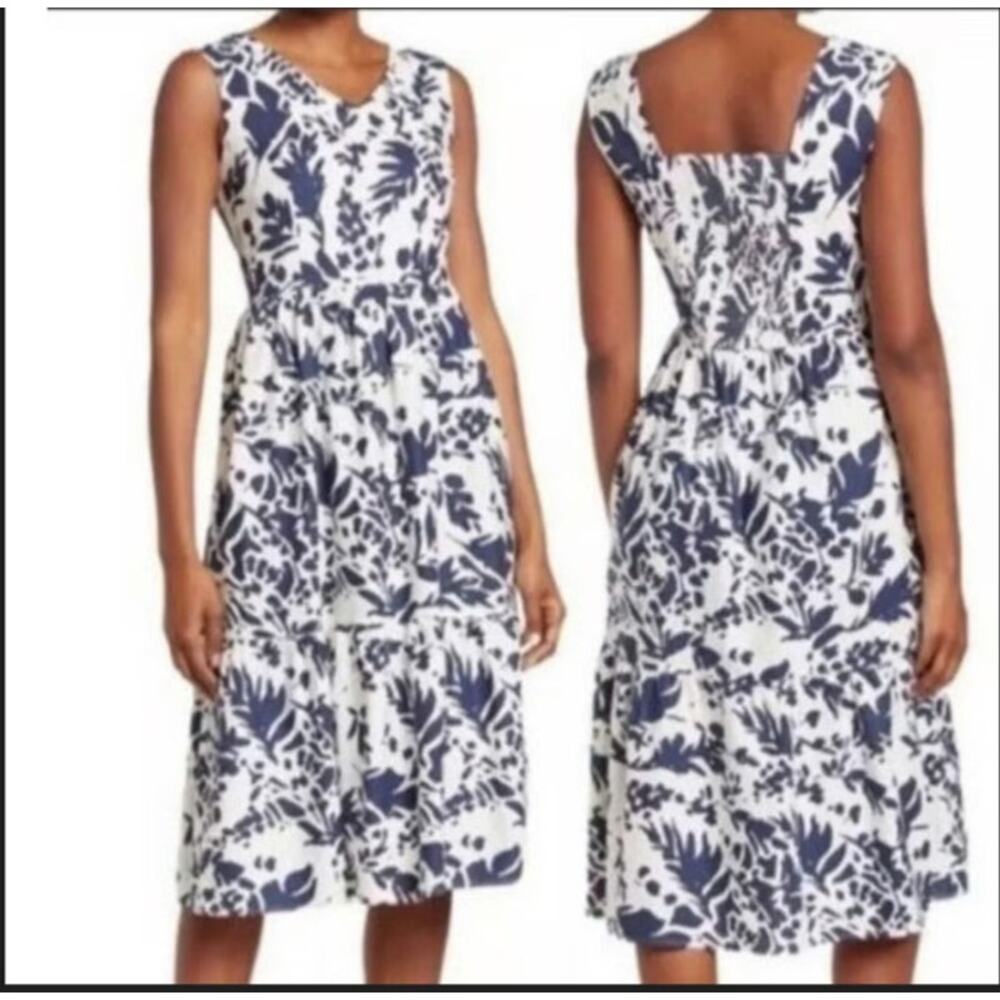 Magaschoni Linen Blend Dress Size 4 Blue White Sleeveless Fit Flare Tropical